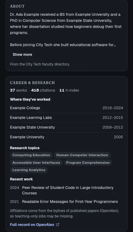 A Coursewake professor card on Schedule Builder for a made-up instructor, Ada Example: an About section from the City Tech faculty directory, then career and research details from OpenAlex.