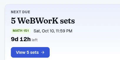 The next-due card in Coursewake Light: dark text on white with a blue button. Made-up data.